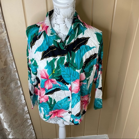 Vintage 80s SITTING PRETTY OF CALIFORNIA WOMEN’S Hawaiian BLOUSE SHIRT Sz Large - Picture 1 of 3